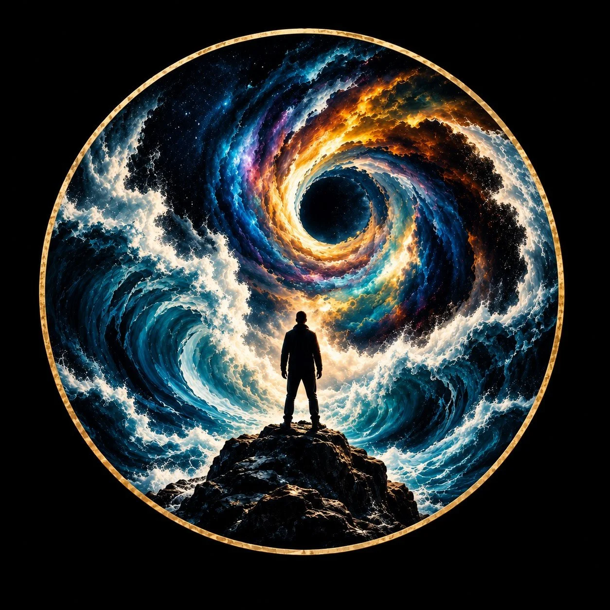 A person standing on rocks looking into a swirling universe with vibrant colors and cosmic formations.