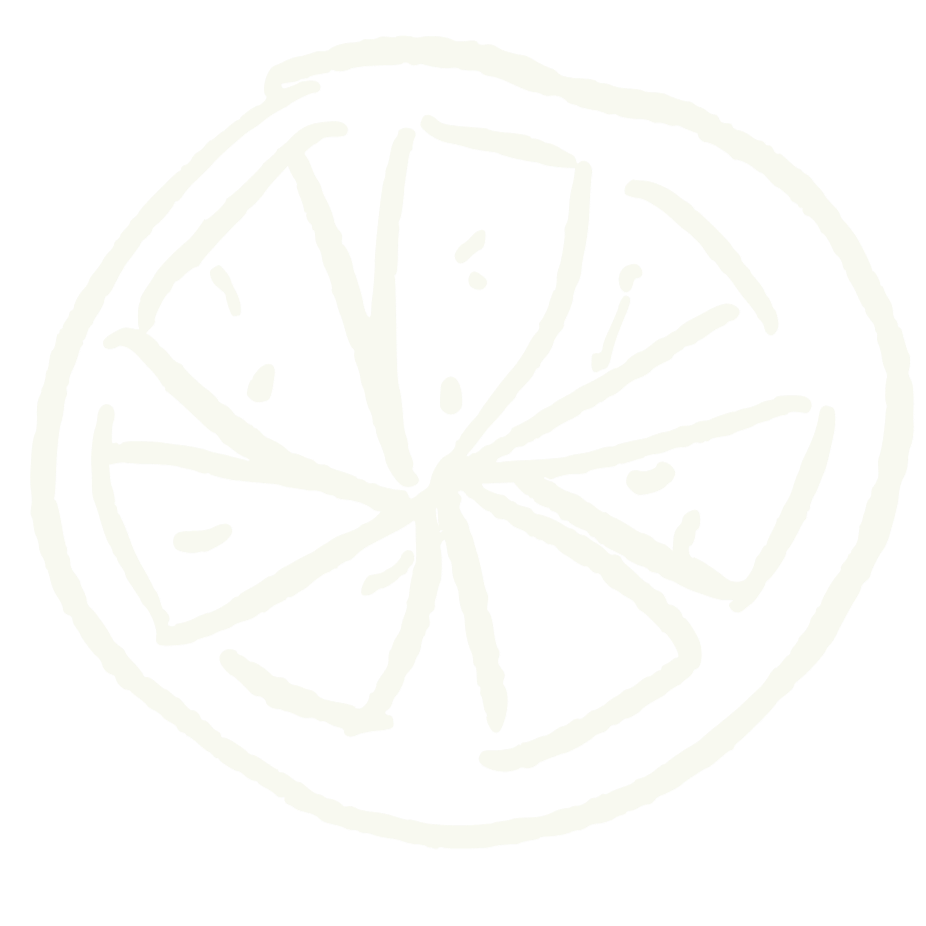 Line drawing of a sliced lemon with detailed interior and peel