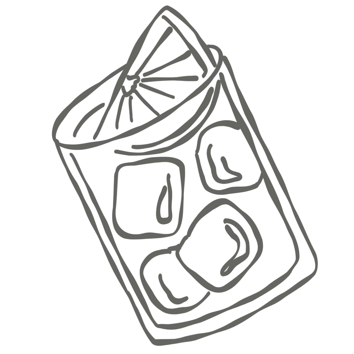 Line drawing of a glass filled with a beverage, ice cubes, and a lemon wedge on the rim.