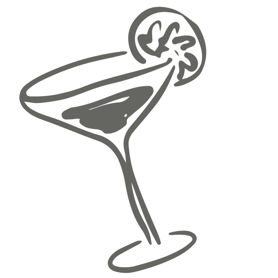 Line drawing of a cocktail glass with an olive and lemon garnish.