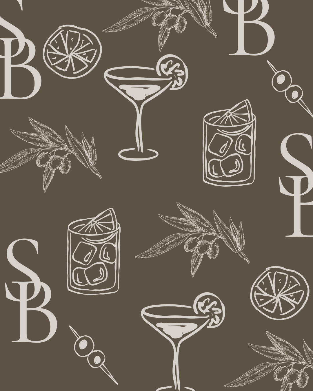 Pattern with line drawings of citrus slices, olive branches with olives, cocktails, and skewers on a brown background.