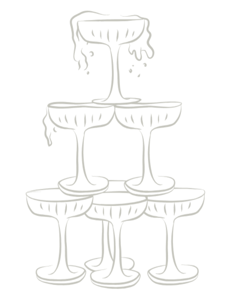 Stack of six champagne glasses in a pyramid formation with liquid dripping from the top glass.