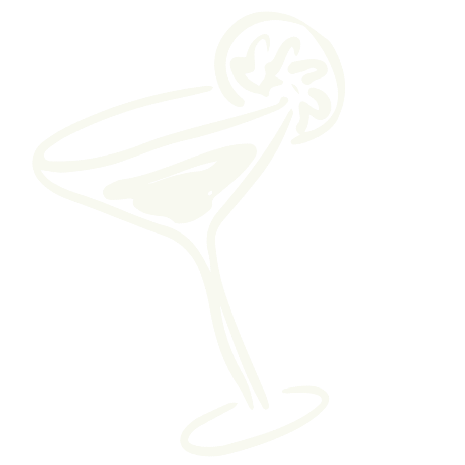 Black and white line drawing of a cocktail glass with a slice of lemon or lime on the rim.