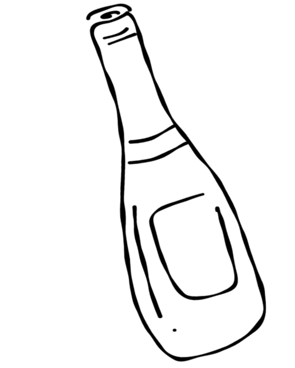 Outline drawing of a bottle of beer with a label and a cap.