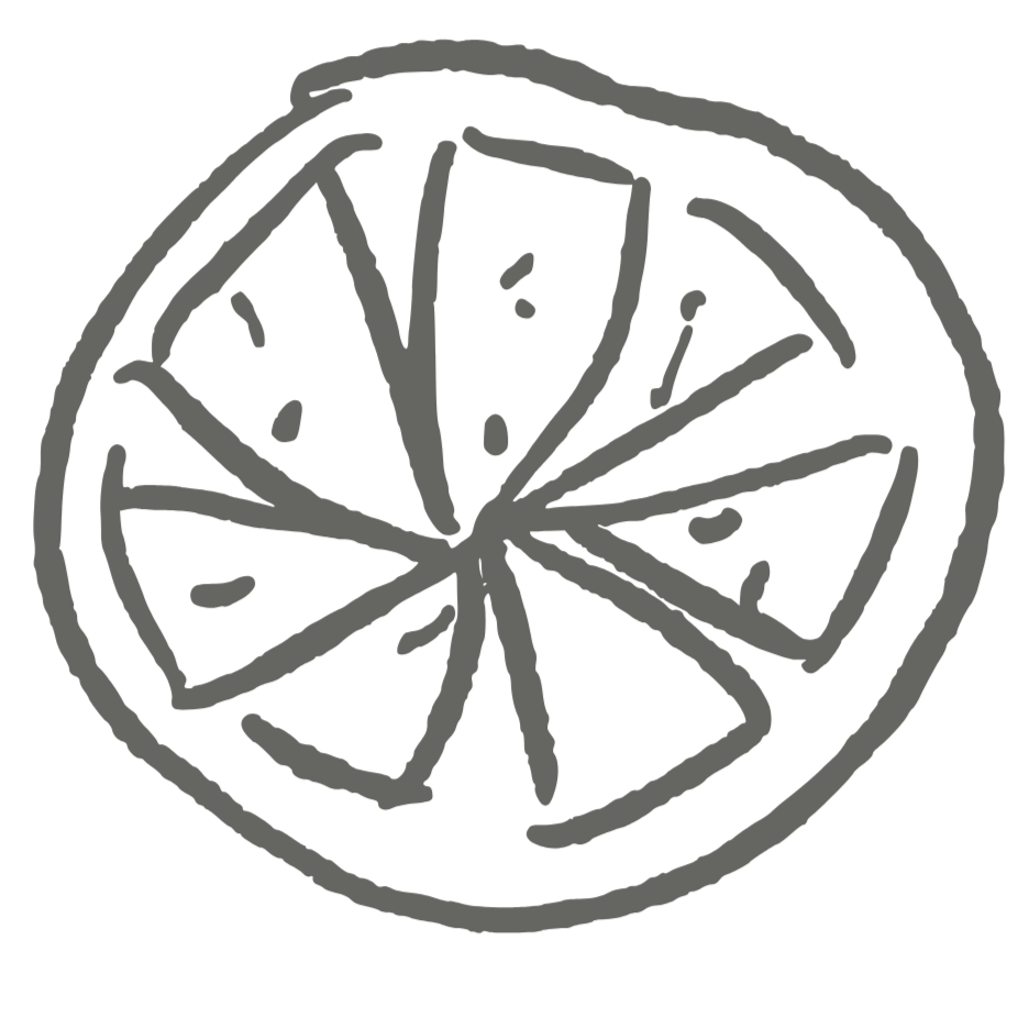 A drawing of a lemon slice with segments outlined, in dark and light gray tones.