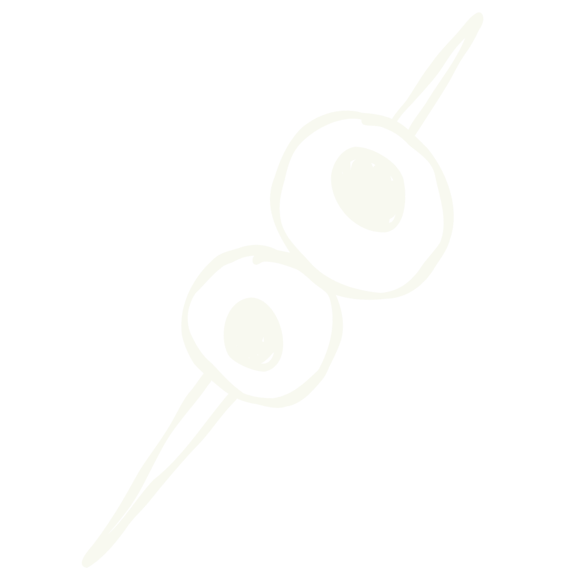 Line drawing of two olives on a skewer. The olives are sliced open, showing the pits inside.