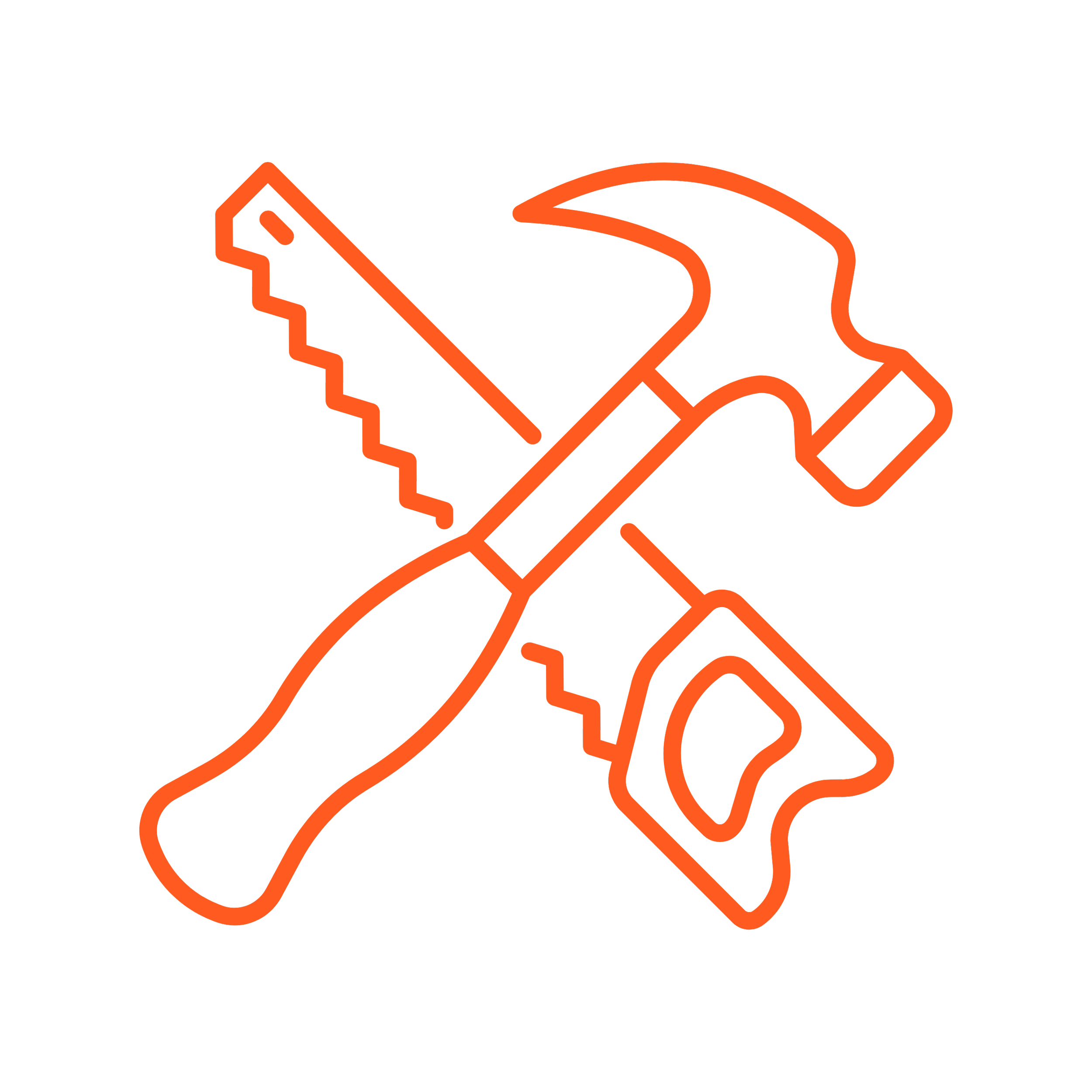 CMD General Construction tools and picture of a hand-held hammer and saw with orange outline on a black background.