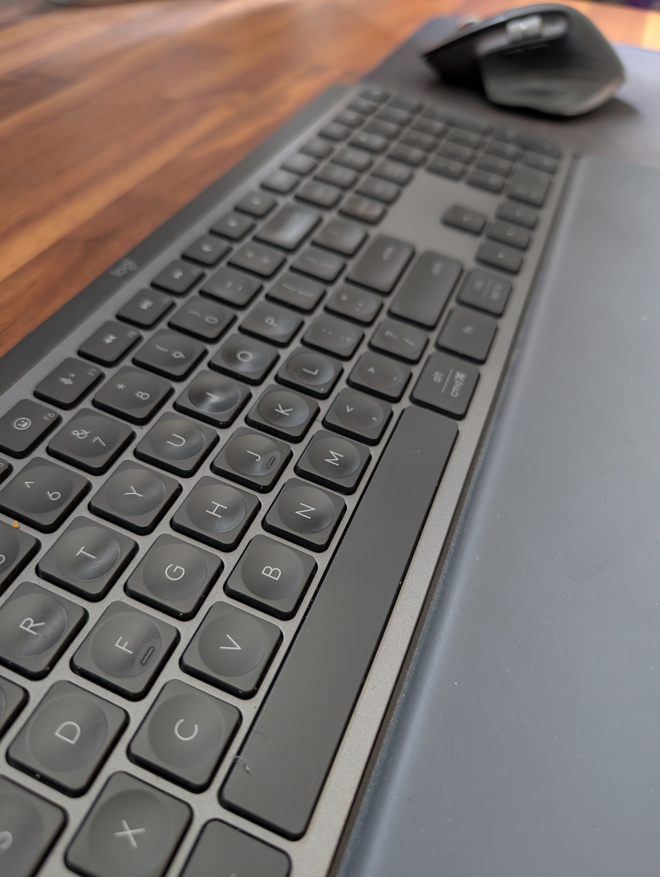 A close-up of a computer keyboard and mouse on a wooden desk.