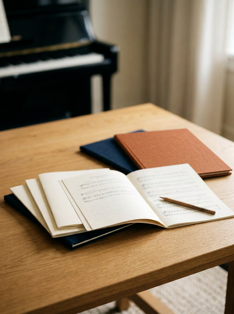Open sheet music and a pencil on an oak table with navy and terracotta-orange music folders; AI-generated brand still life.