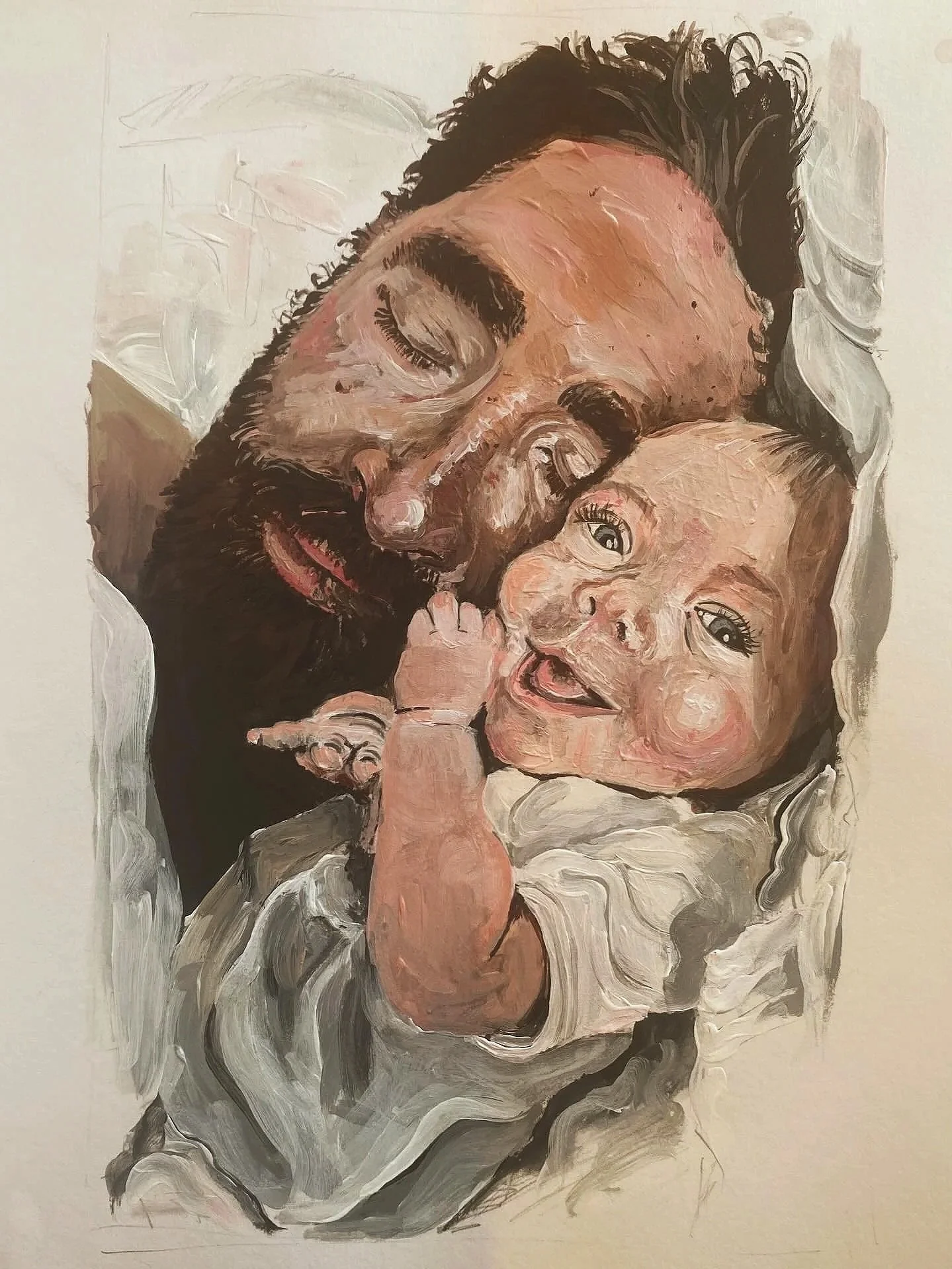 Acrylic painting of sleeping father and laughing baby