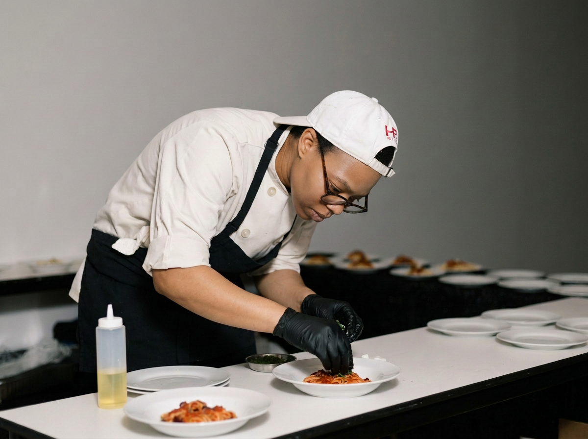 Chef garnishing a plate of spaghetti with herbs in a kitchen or catering setting