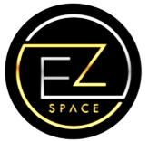 Logo with a black circle background, a yellow outline of a rectangle with the text 'E Z' inside, and the word 'SPACE' below.