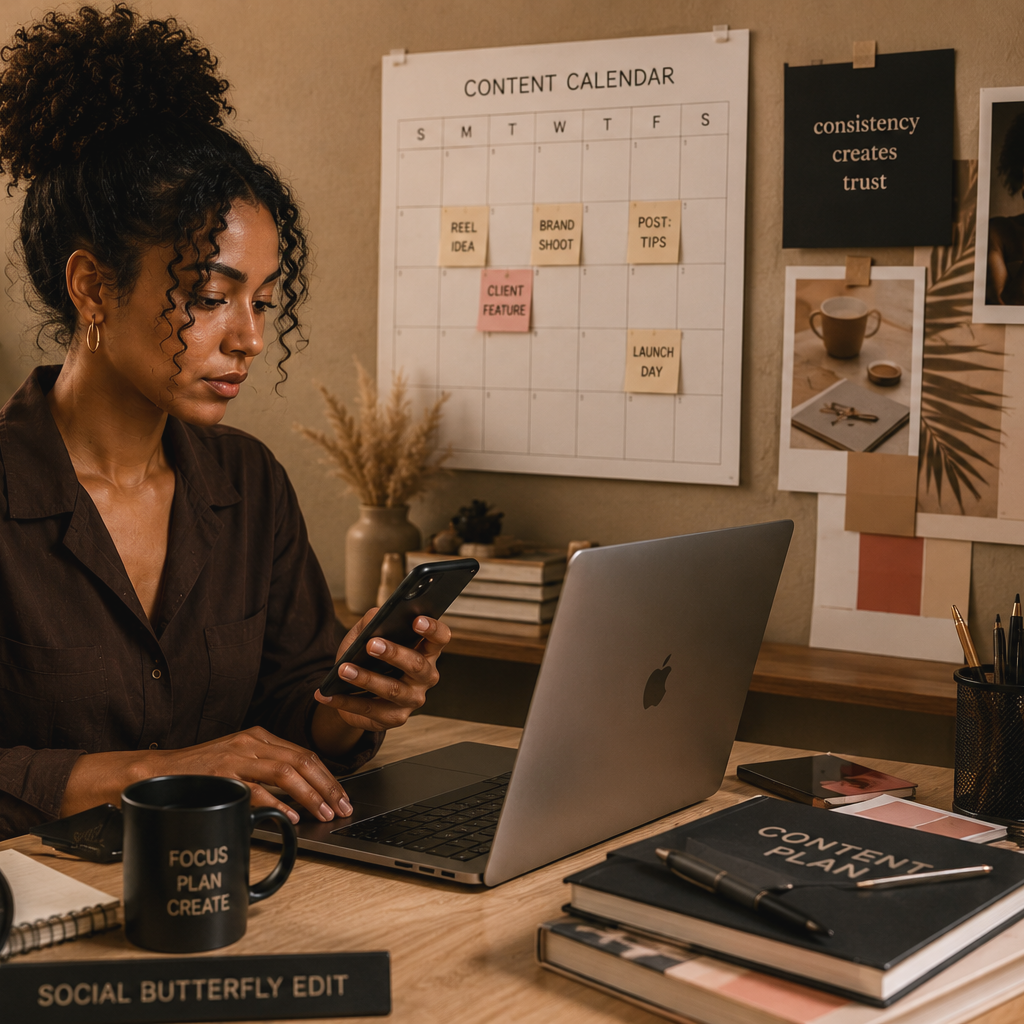 Woman working at her desk with a laptop, smartphone, planner, coffee mug, and office supplies, in front of a content calendar and motivational posters on the wall.