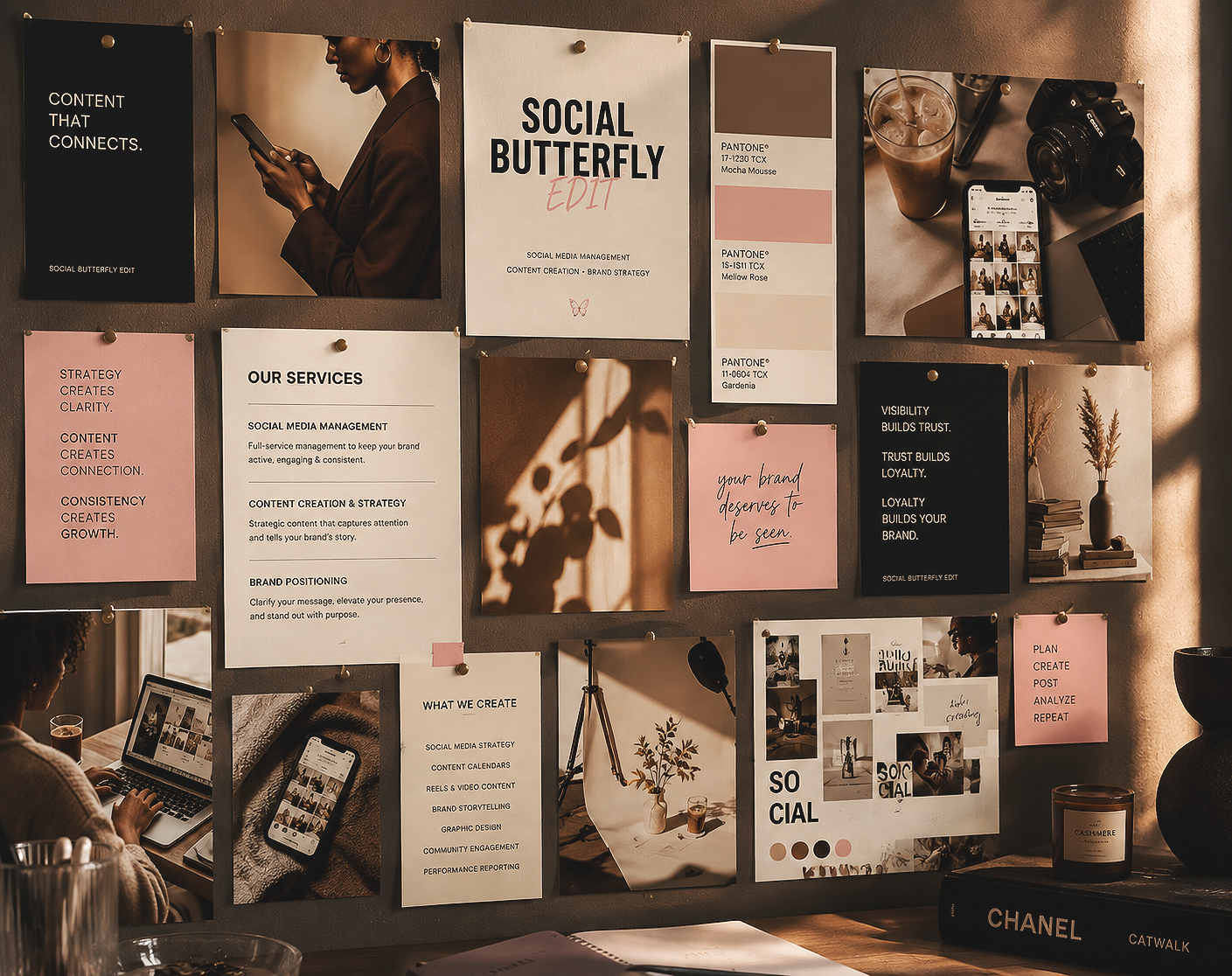 Creative workspace with social media content, branding inspiration, color swatches, laptop, and content planning materials.
