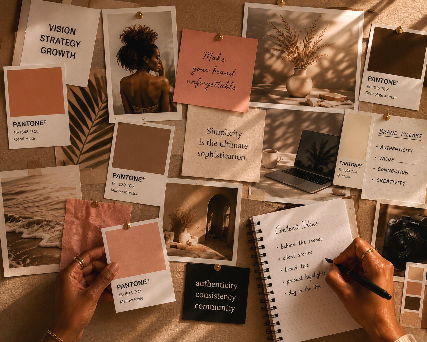 A creative workspace with a corkboard covered in photos, color swatches, and inspirational notes. Hands are writing in a spiral notebook, surrounded by printed color swatches, Polaroid-style photos of nature and interiors, and motivational quotes about branding and simplicity.