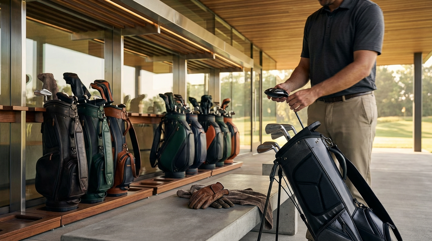 A man at a golf course, selecting a golf club from a black golf bag with a cart, with other golf bags displayed on shelves behind temporarily for sale or rental.