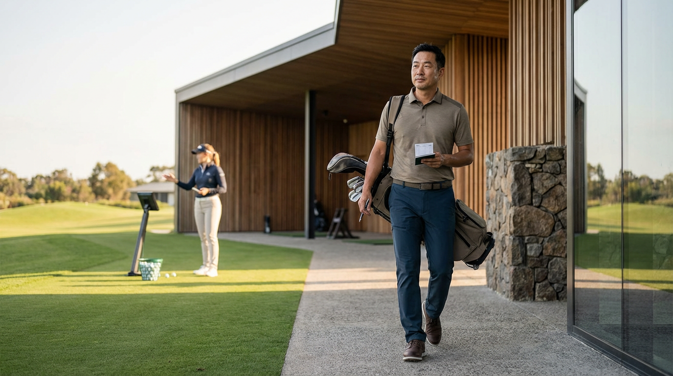 A man with a golf bag walking on a pathway near a modern building, with a woman in the background standing by a golf tee and reading from a piece of paper, on a golf course during daylight.