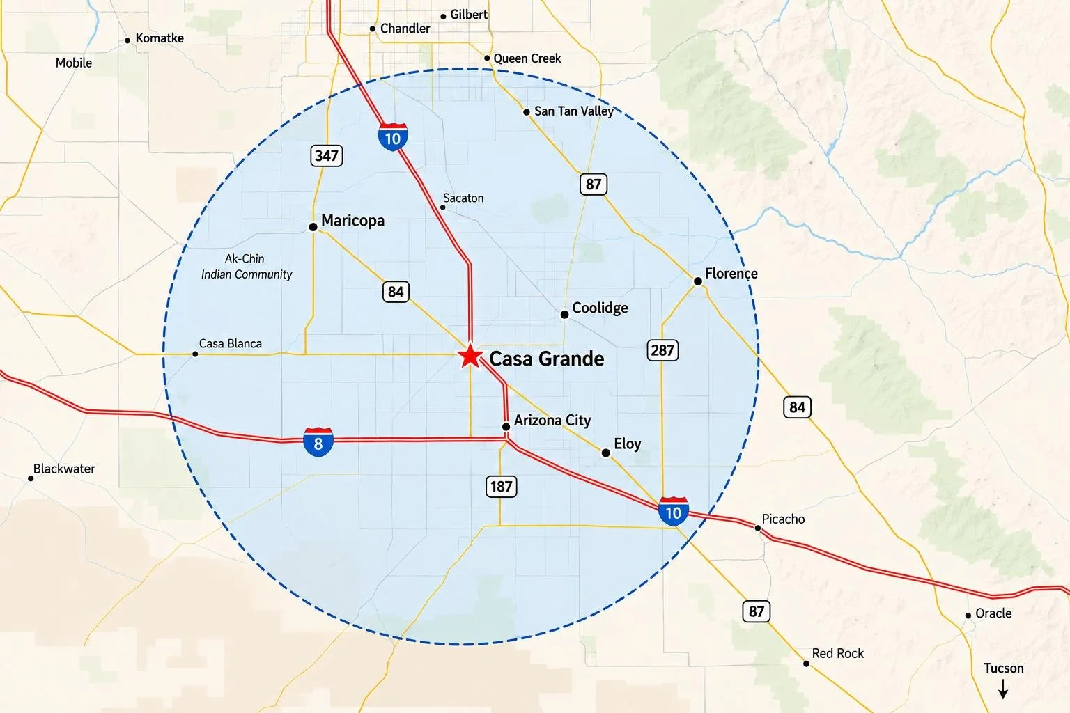 Map showing Casa Grande, Arizona, and surrounding communities within a blue dashed regional radius, including Maricopa, Coolidge, Florence, Eloy, and Arizona City.