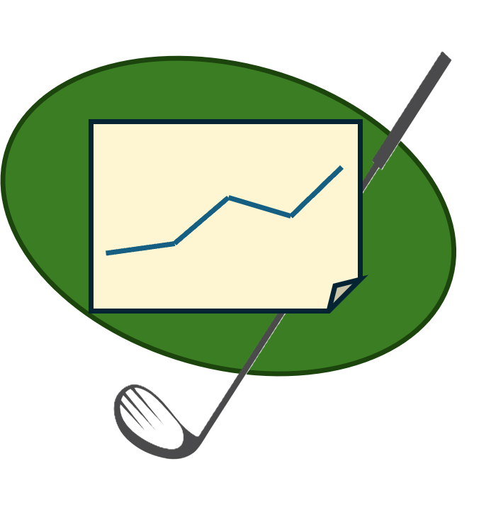 A golf club, a golf ball, a pitch mark, and a chart showing an upward trend on a piece of paper are placed on a green golf course.