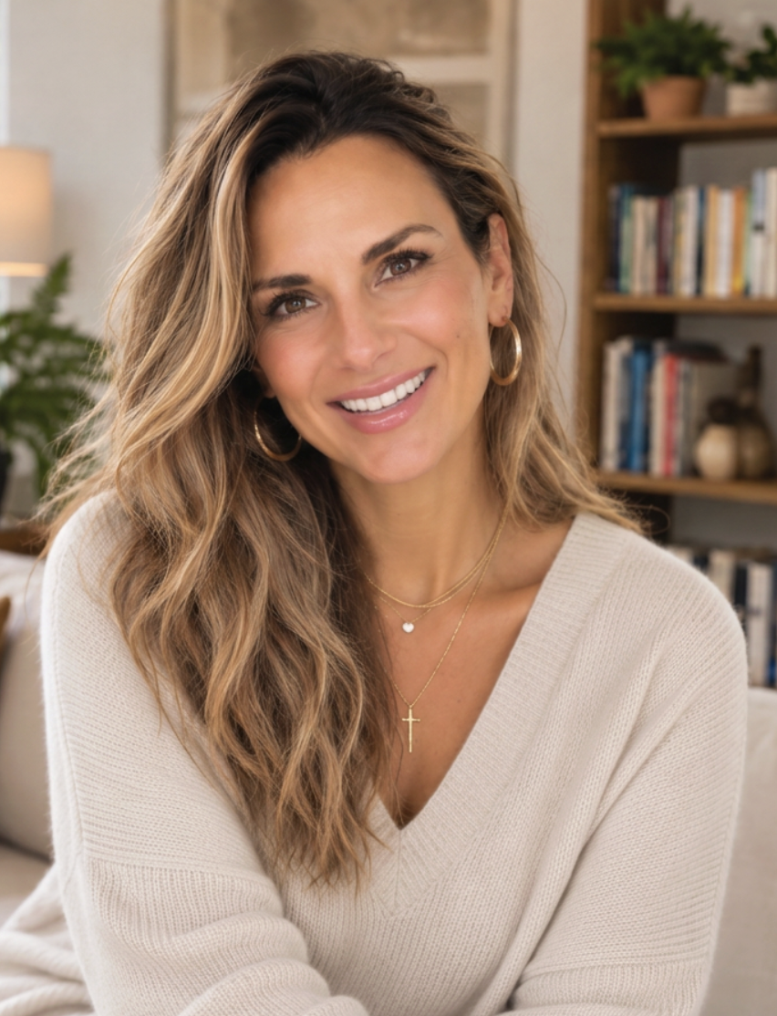 Path to Purpose. A smiling woman with wavy, shoulder-length hair wearing a beige sweater, gold hoop earrings, and layered gold necklaces, sitting in a cozy, well-decorated living room with bookshelves and plants in the background.