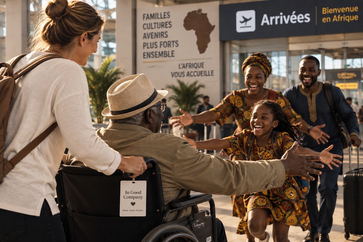 Path to Purpose. Travelers greeting at an airport arrival gate, with signs in French welcoming visitors to Africa, showing a group hugging and smiling.