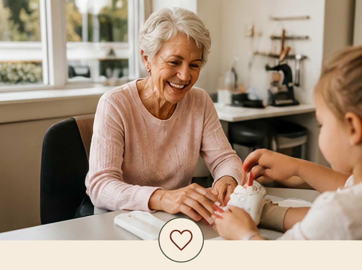 Path to Purpose. An elderly woman smiling as a young girl puts a bandage on her hand in a well-lit room.