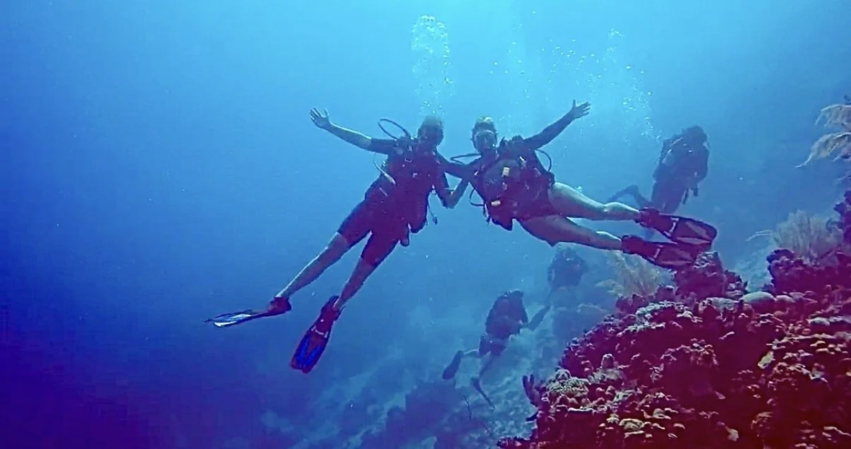 Two scuba divers holding hands underwater near a coral reef.