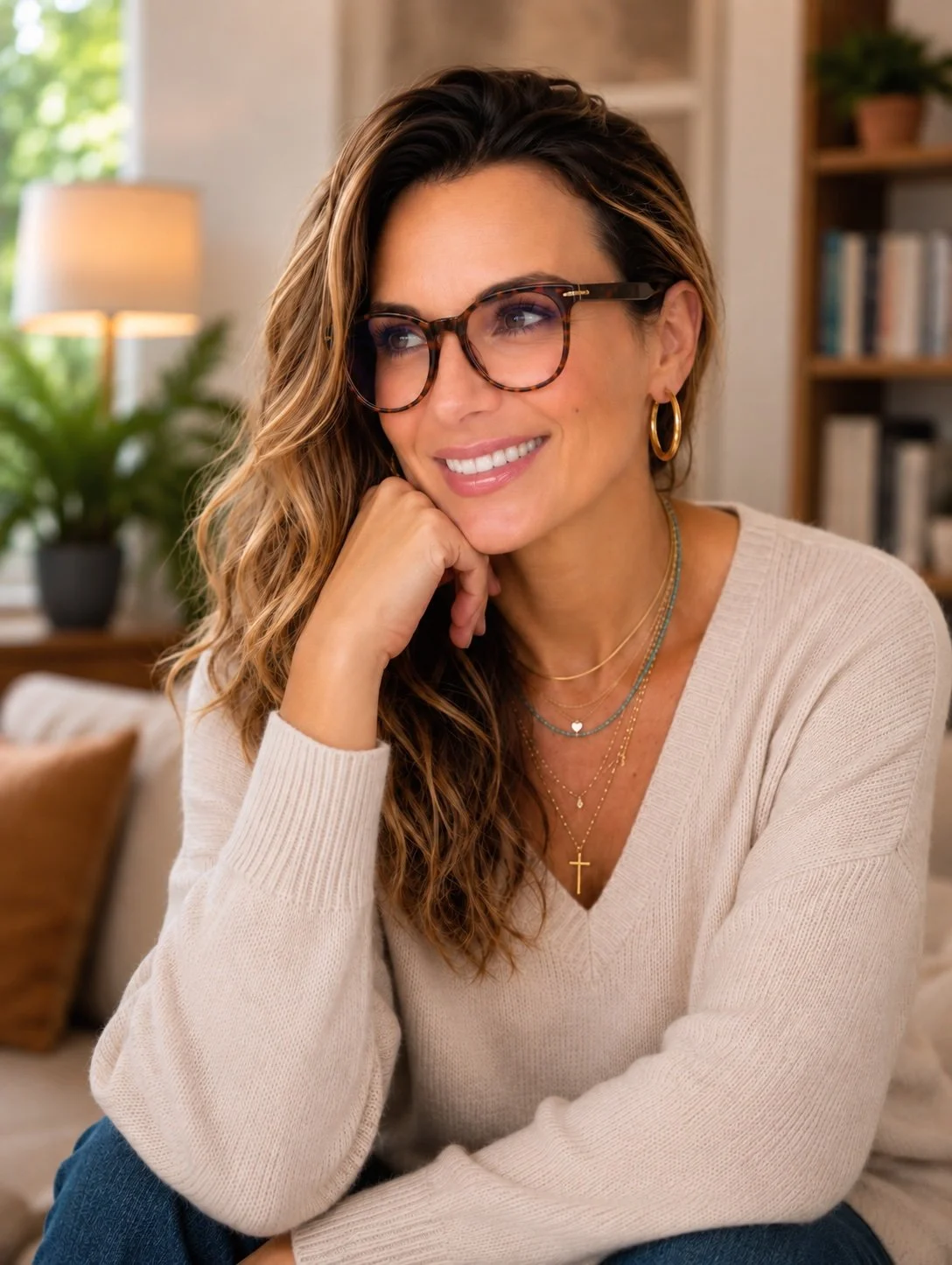 Path to Purpose. A woman with wavy brown hair and glasses smiling with her chin resting on her hand, sitting in a cozy living room.
