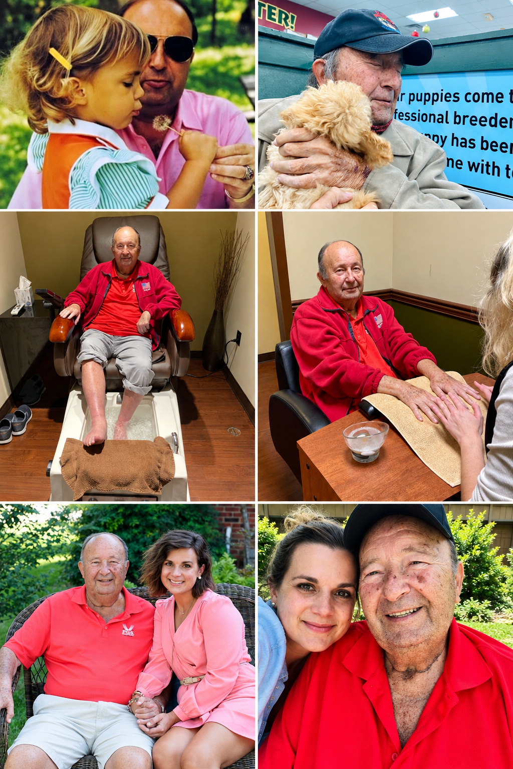 A collage of six photos showing various moments with elderly men, young women, children, and a man with a puppy in different settings, including outdoors and indoor therapy sessions.