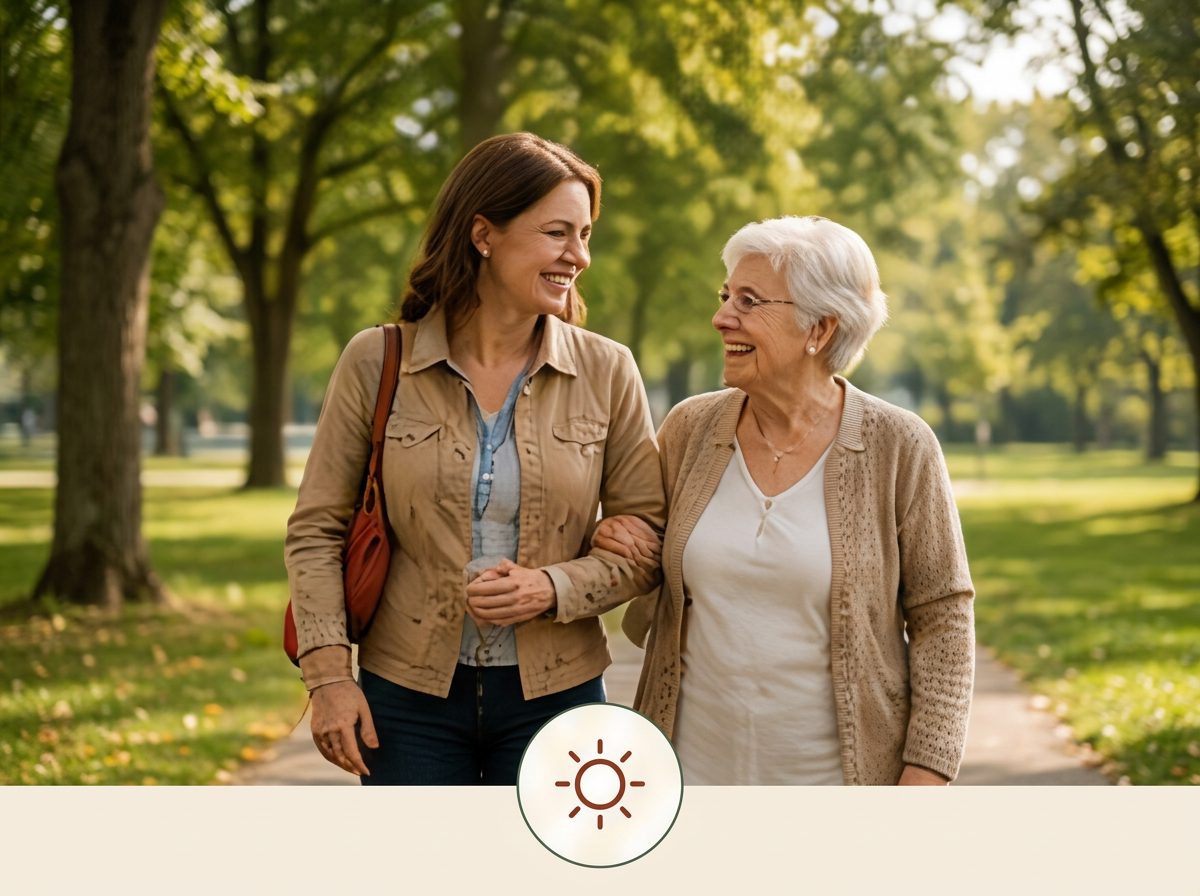 Path to Purpose. Two women walking together in a park on a sunny day, smiling and engaging in conversation.