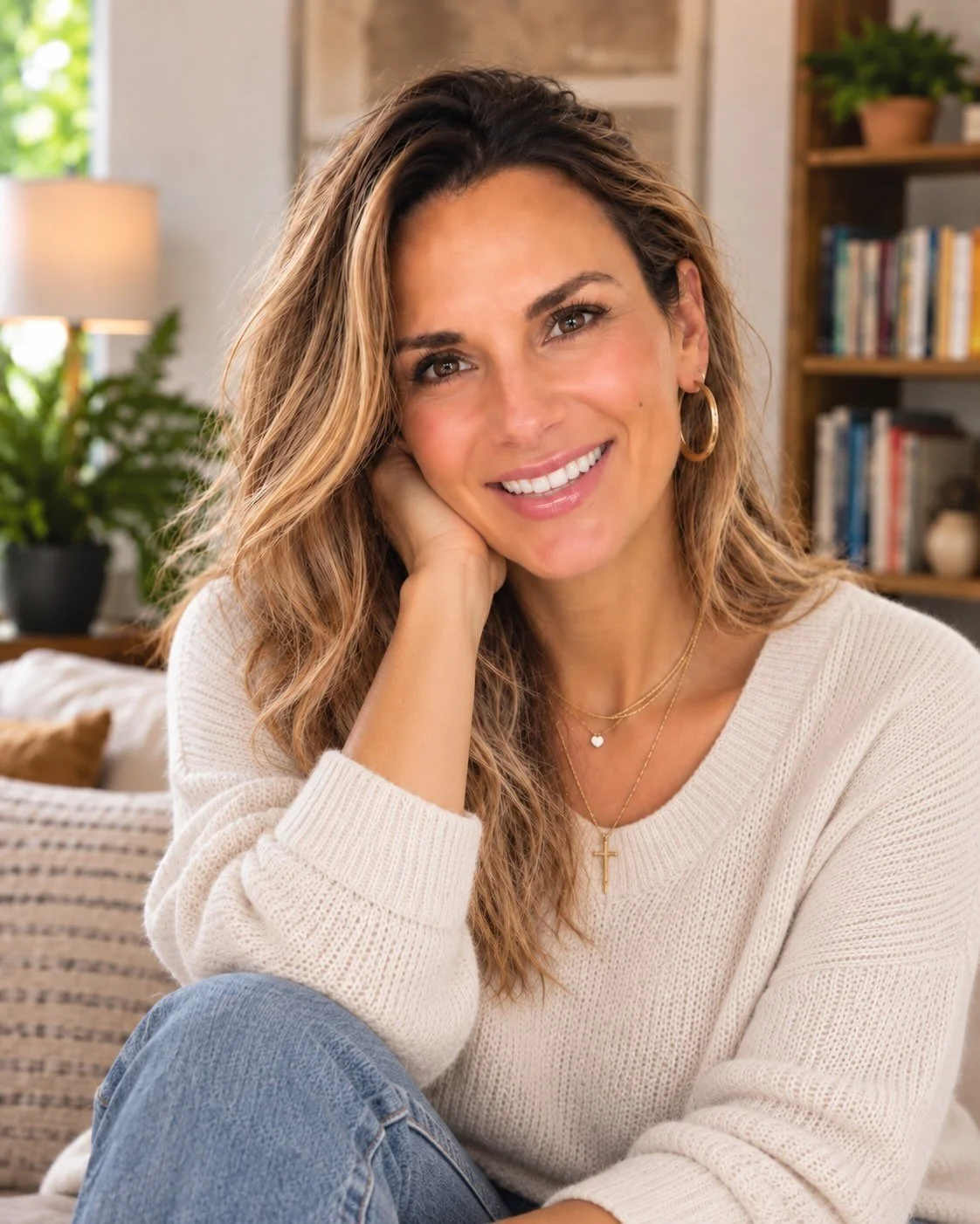 Smiling woman with wavy hair wearing a white sweater and gold jewelry, sitting in a cozy living room with bookshelves, a lamp, and indoor plants in the background.
