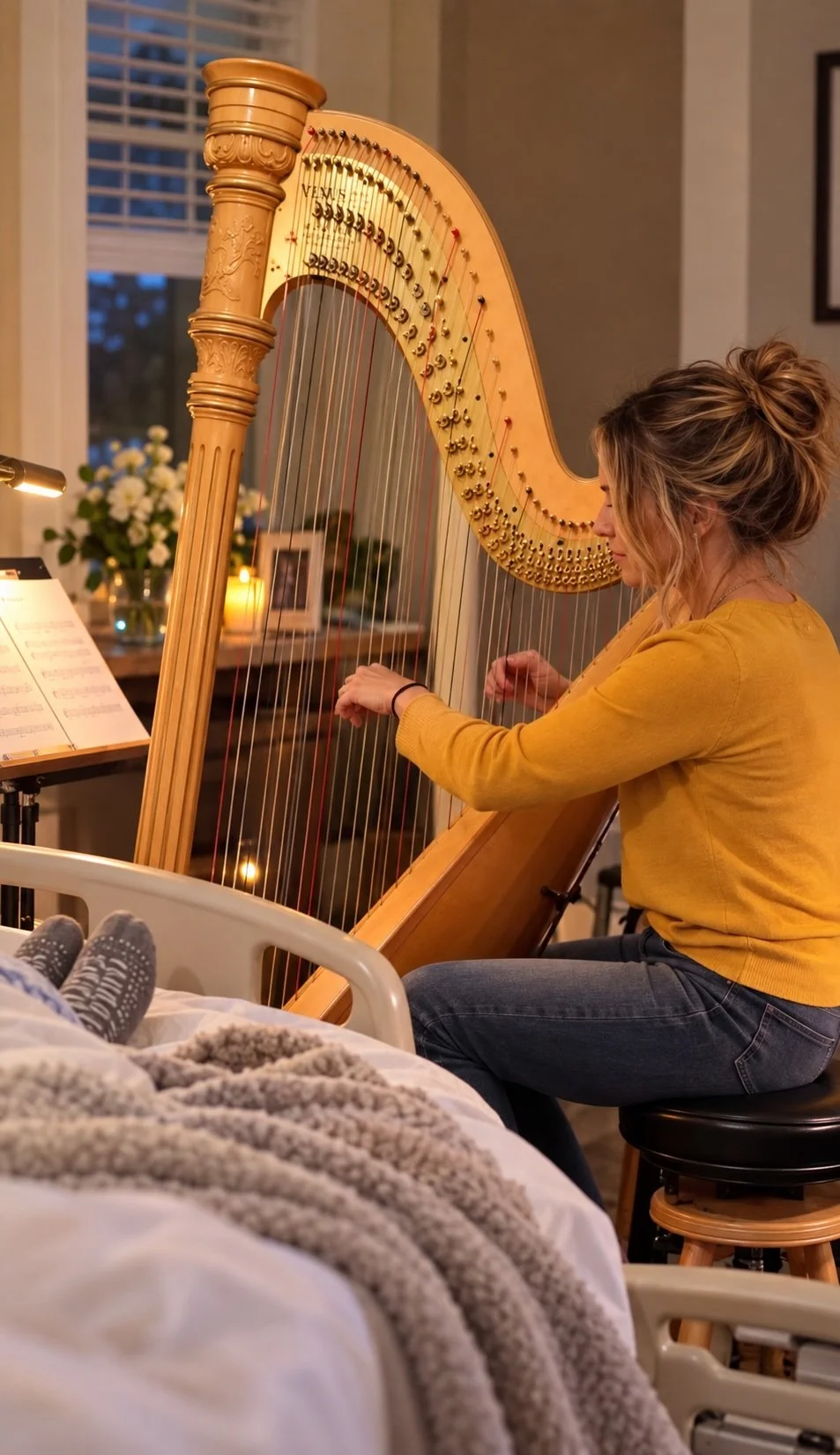 A woman playing a harp in a warmly lit room, with a bed and someone’s feet in the foreground, candle and flowers in the background.