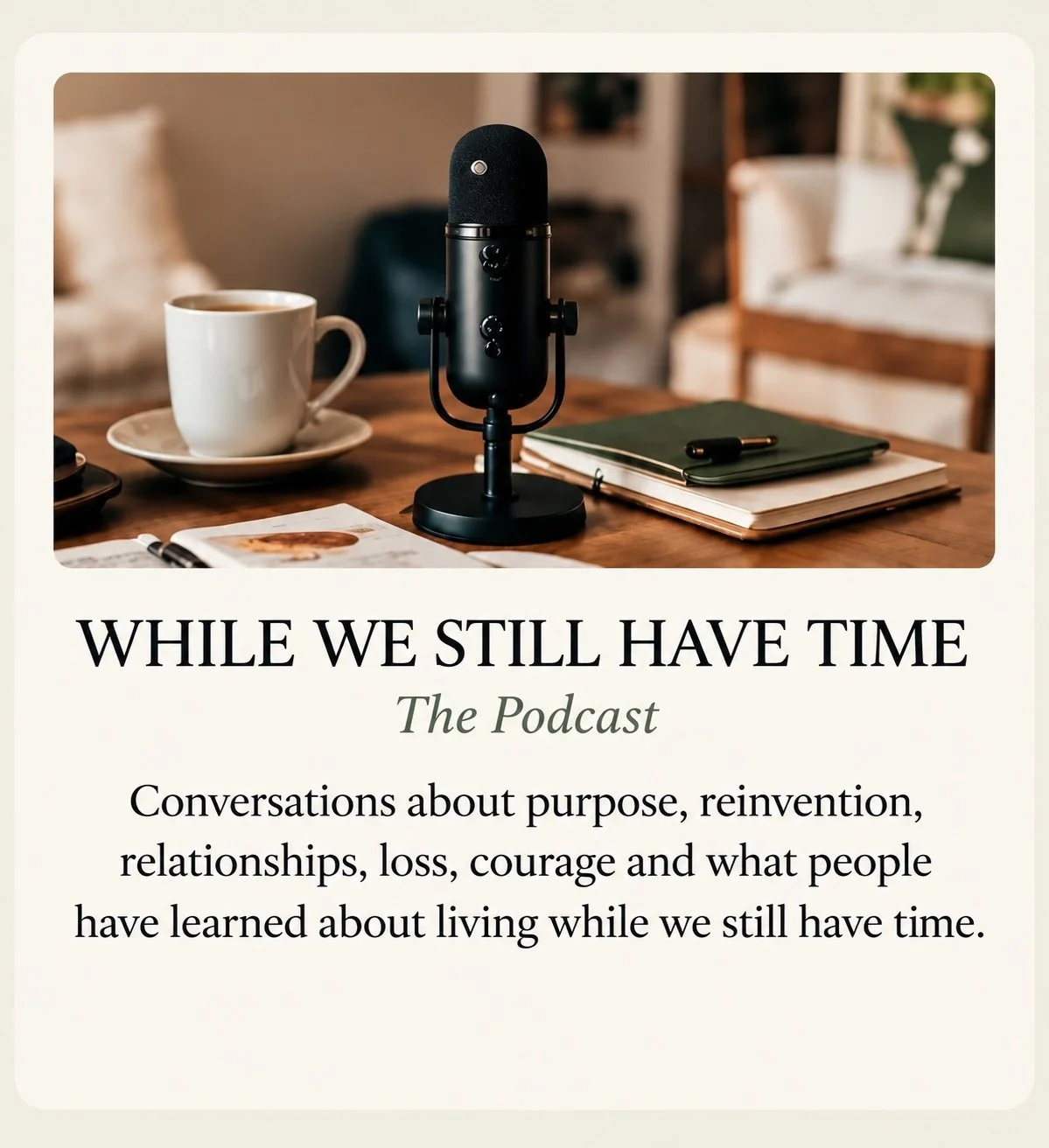 Path to Purpose. Podcast promotional image featuring a microphone, coffee cup, notebooks, and a pen on a wooden table, with a blurred living room background.