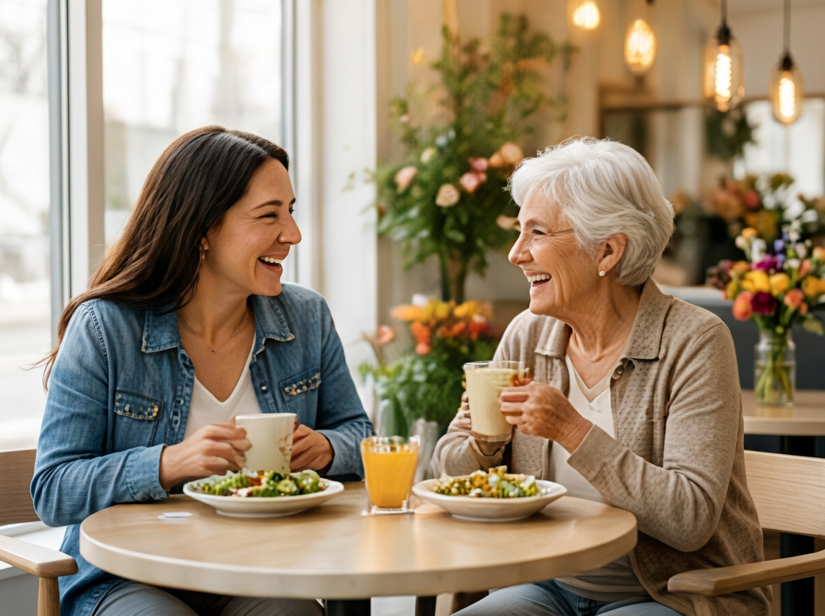 Path to Purpose. A young woman and an elderly woman smiling and enjoying coffee together at a table in a bright cafe with flowers in the background.