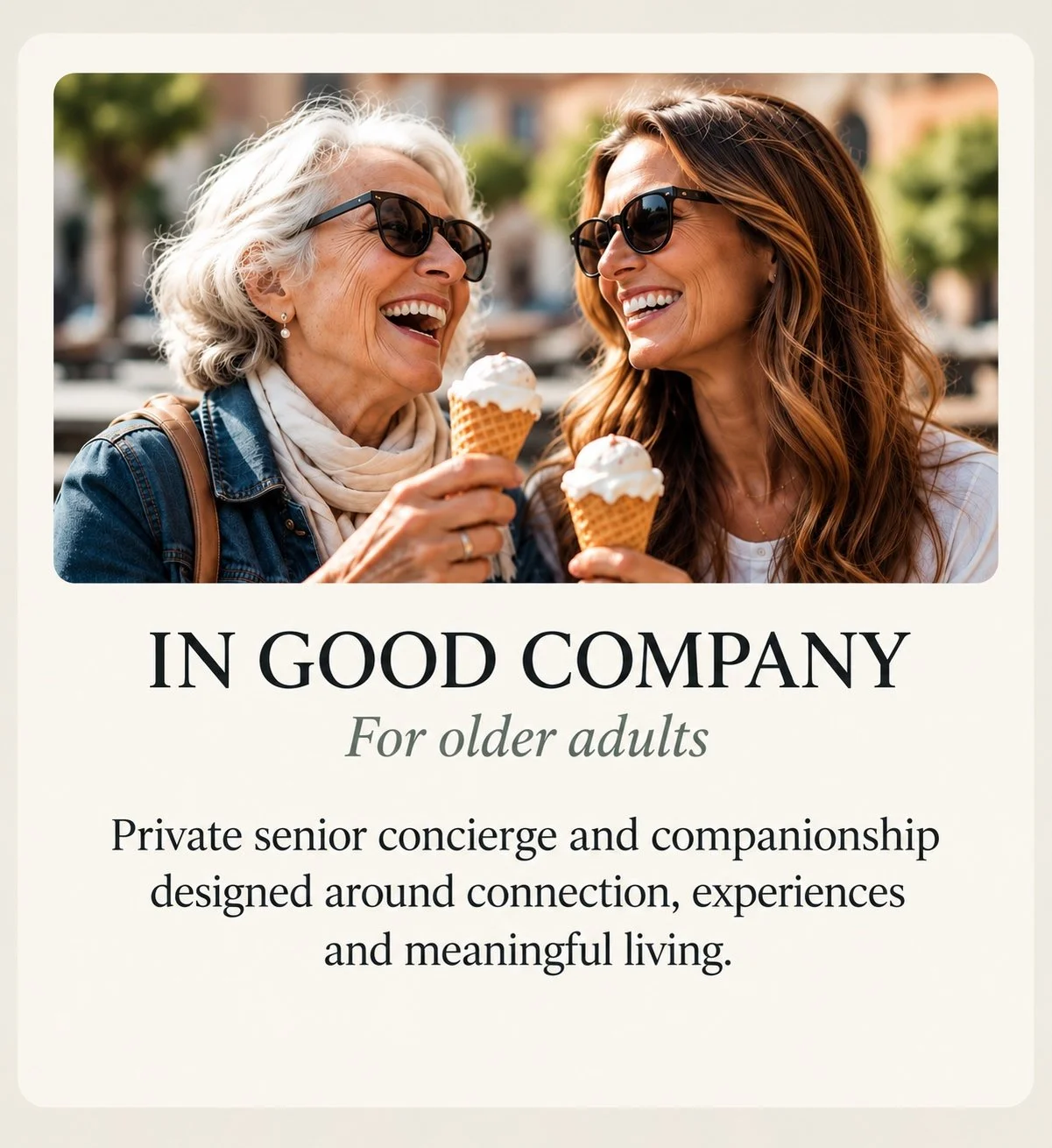 Path to Purpose. Two older women, wearing sunglasses, smiling and holding ice cream cones, enjoying outdoor sunlight with greenery in the background, engaging in conversation.