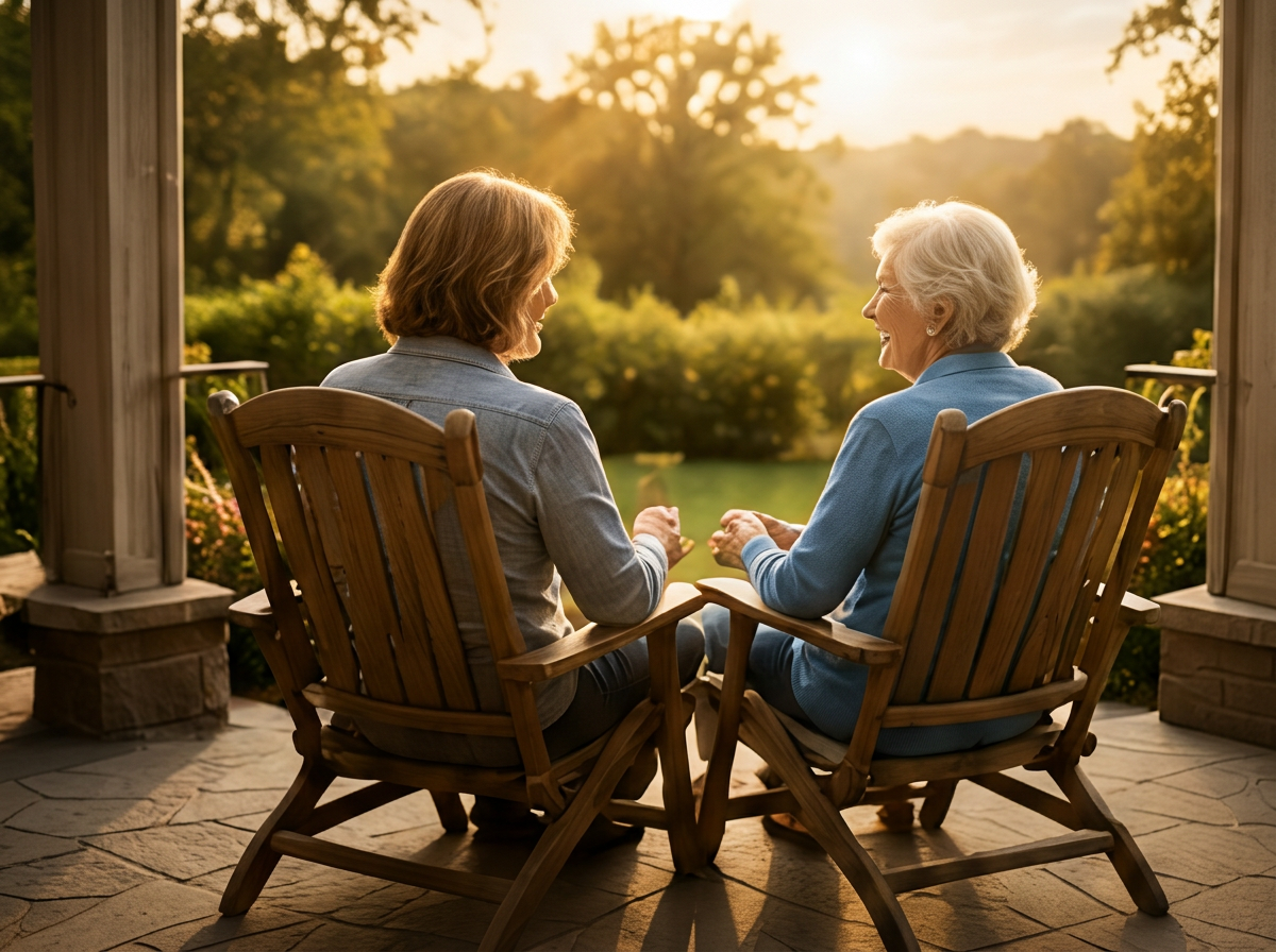 Path to Purpose. Two elderly women sitting on a porch, facing each other, chatting, with a scenic garden and trees in the background during sunset.