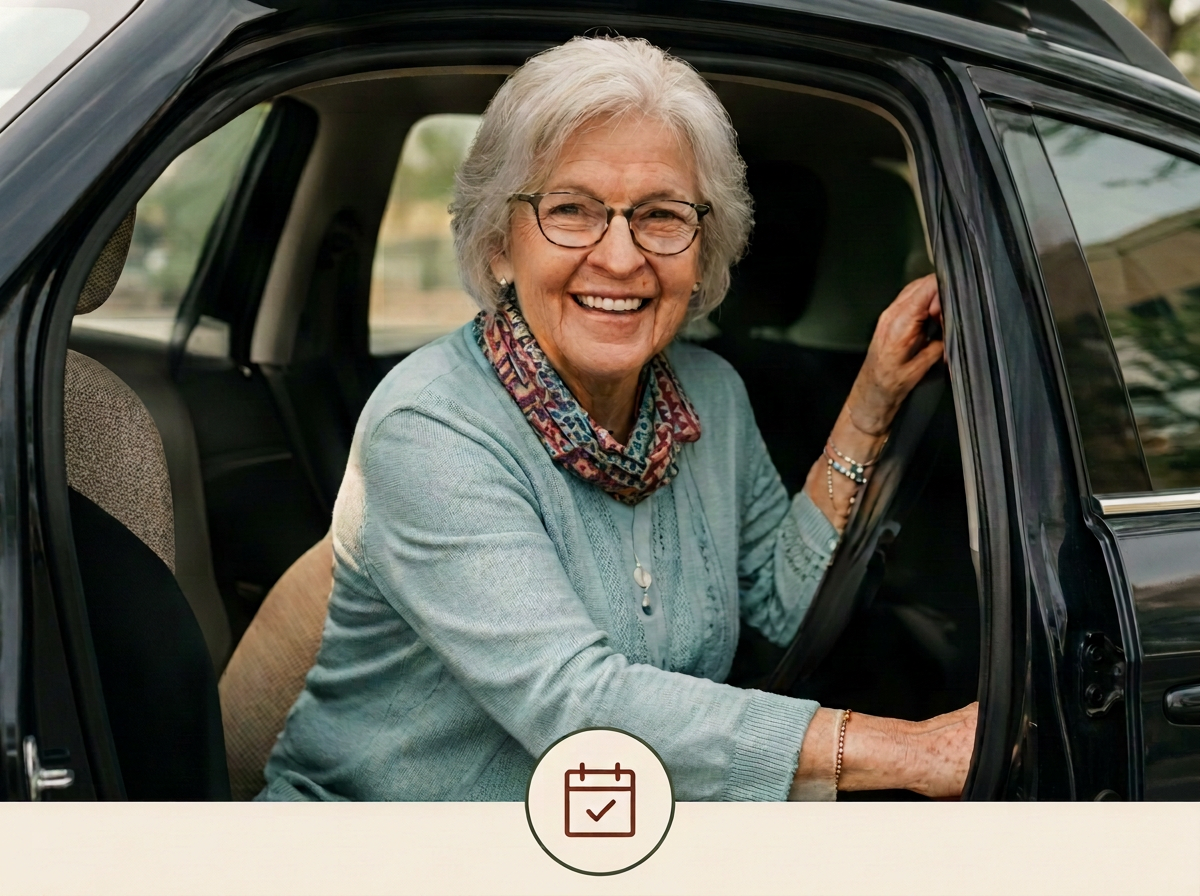 Path to Purpose. An elderly woman with glasses and gray hair sitting in the driver's seat of a car, smiling and looking out the open window.
