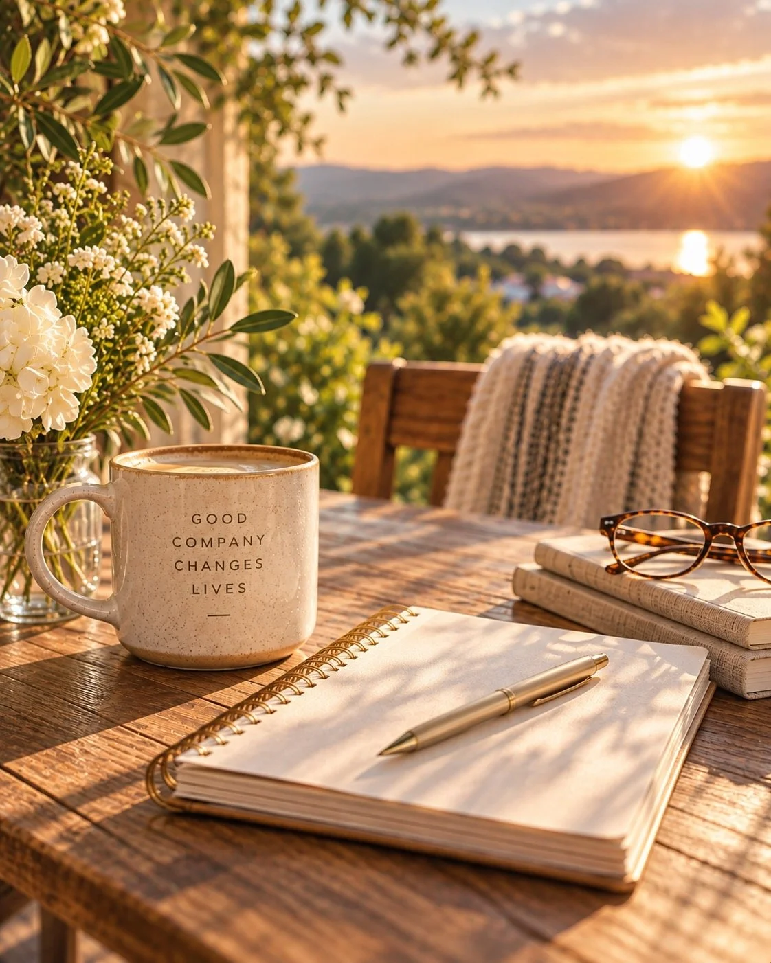 A wooden outdoor table set for writing, with a cup that reads "Good company changes lives," a vase of white flowers, glasses, notebooks, and a pen, with a sunset view over a river and hills in the background.