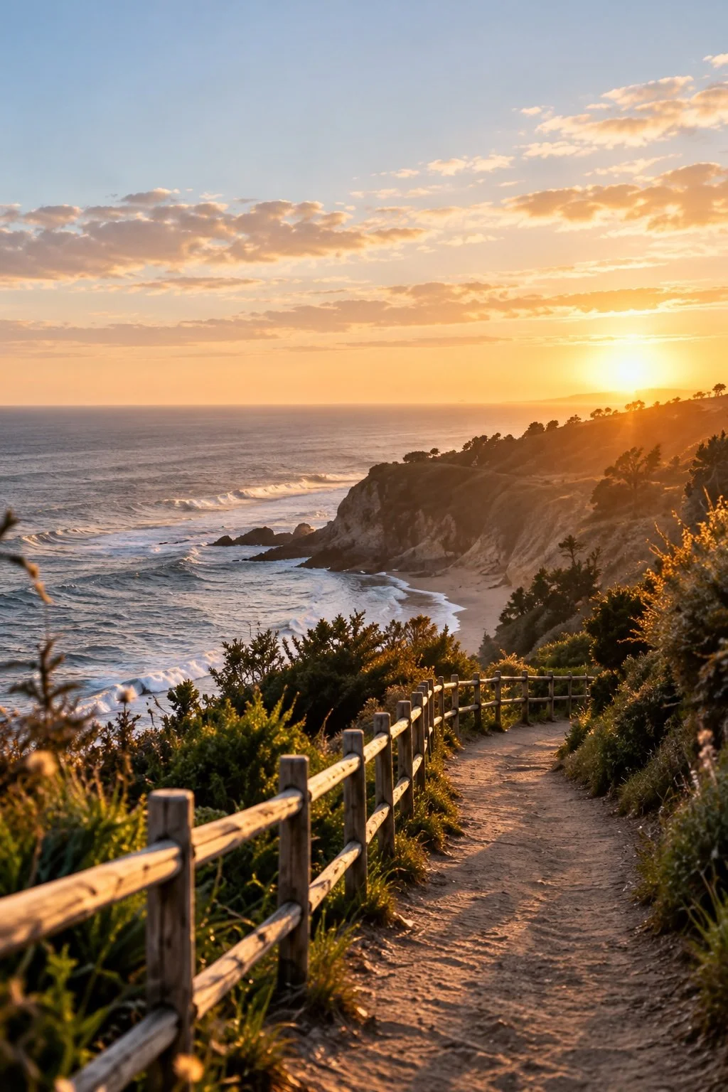 Path to Purpose. A scenic coastal trail at sunset with a wooden fence and view of the ocean, cliffs, and sky with clouds.