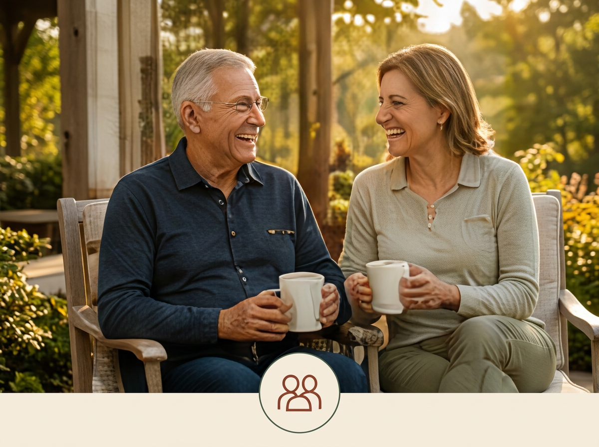 Path to Purpose. An elderly man and woman sitting outdoors on a porch, smiling and holding white mugs, enjoying a sunny day surrounded by trees and greenery.