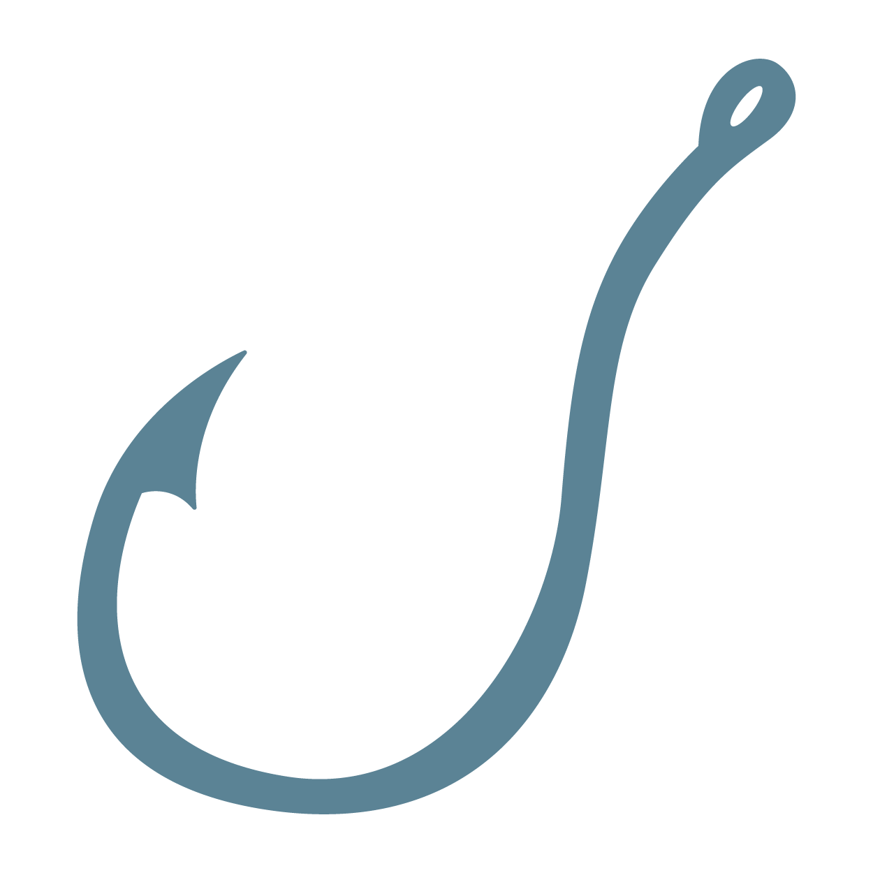 Simple line drawing of a fish hook with a curved shape and a small eyelet at the top for attaching a fishing line.