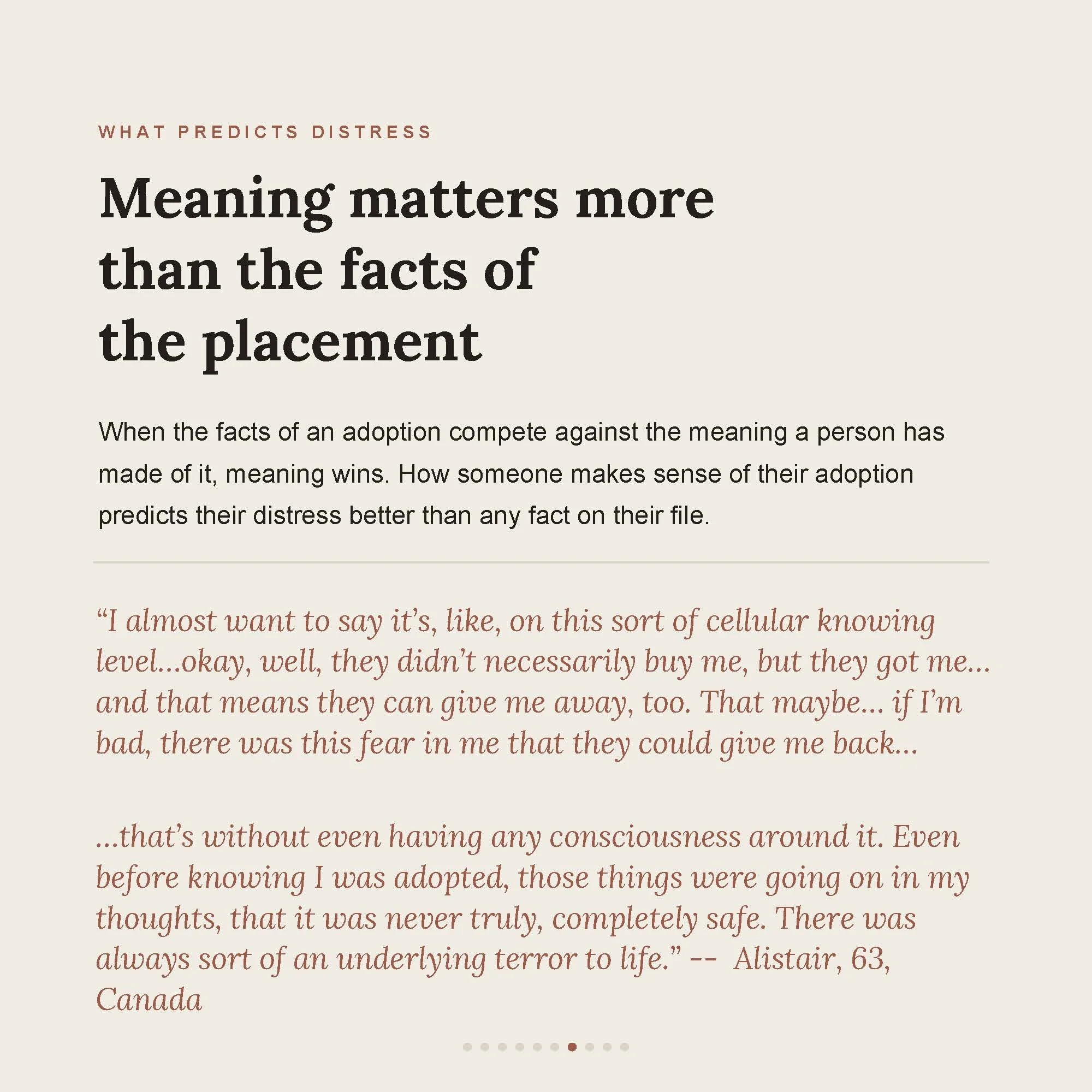 Quote about the importance of meaning over facts, attributed to Alistair, 63, from Canada, displayed on a webpage.