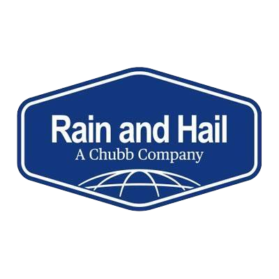 Rain and Hail logo for Chubb insurance company, with a stylized globe and white text on a blue background.