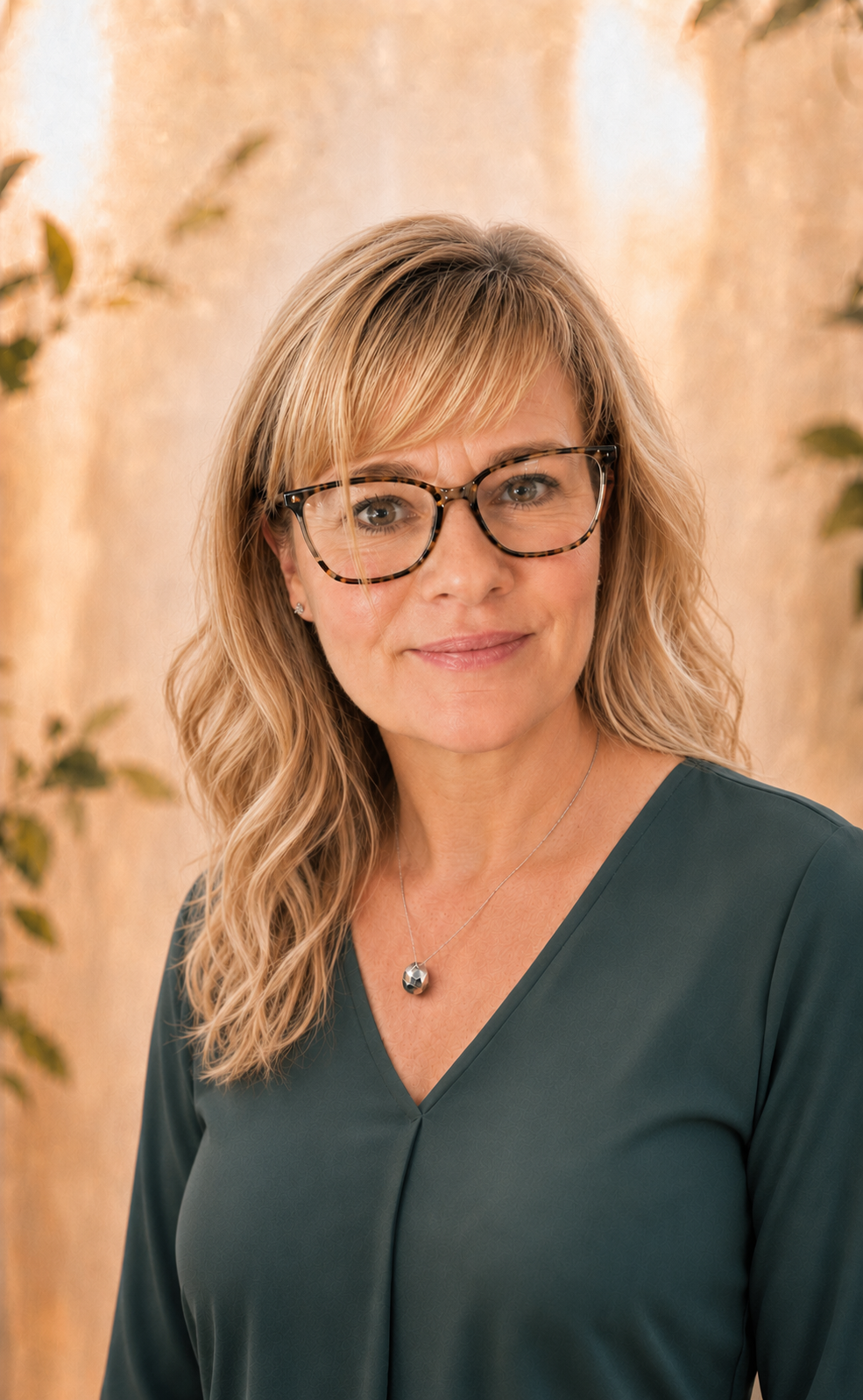 Une femme portant des lunettes à monture écaille, vêtue d'un chemisier vert foncé, avec des cheveux blonds ondulés, souriante, en arrière-plan beige et doré.