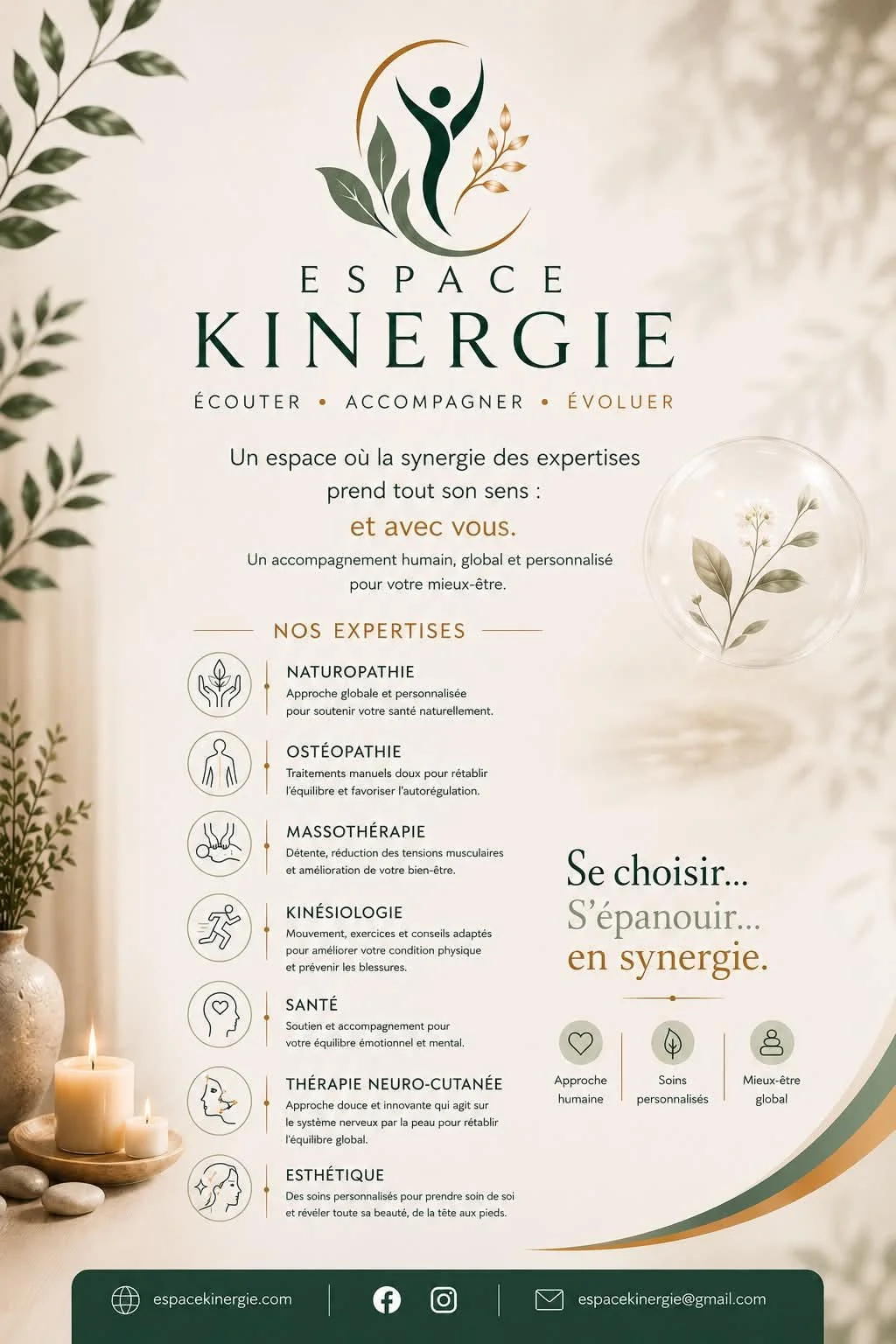 Affiche promotionnelle pour un espace de kinergie, avec logo stylisé d'une figure humaine, feuilles et éléments naturels, et une liste de services comme naturopathie, ostéopathie, massothérapie, kinésiologie, santé, thérapie neuro-cutannée, et esthétique, accompagnée de texte et d'icônes.