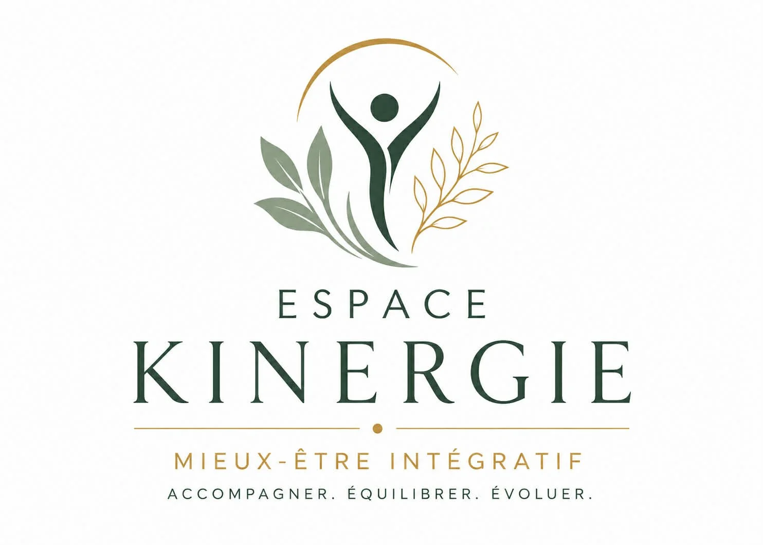 Logo avec une figure humaine stylisée entourée de feuilles vertes et dorées, avec le texte 'Espace Kinerige, Mieux-être Intégratif, accompagner, équilibrer, évoluer'.