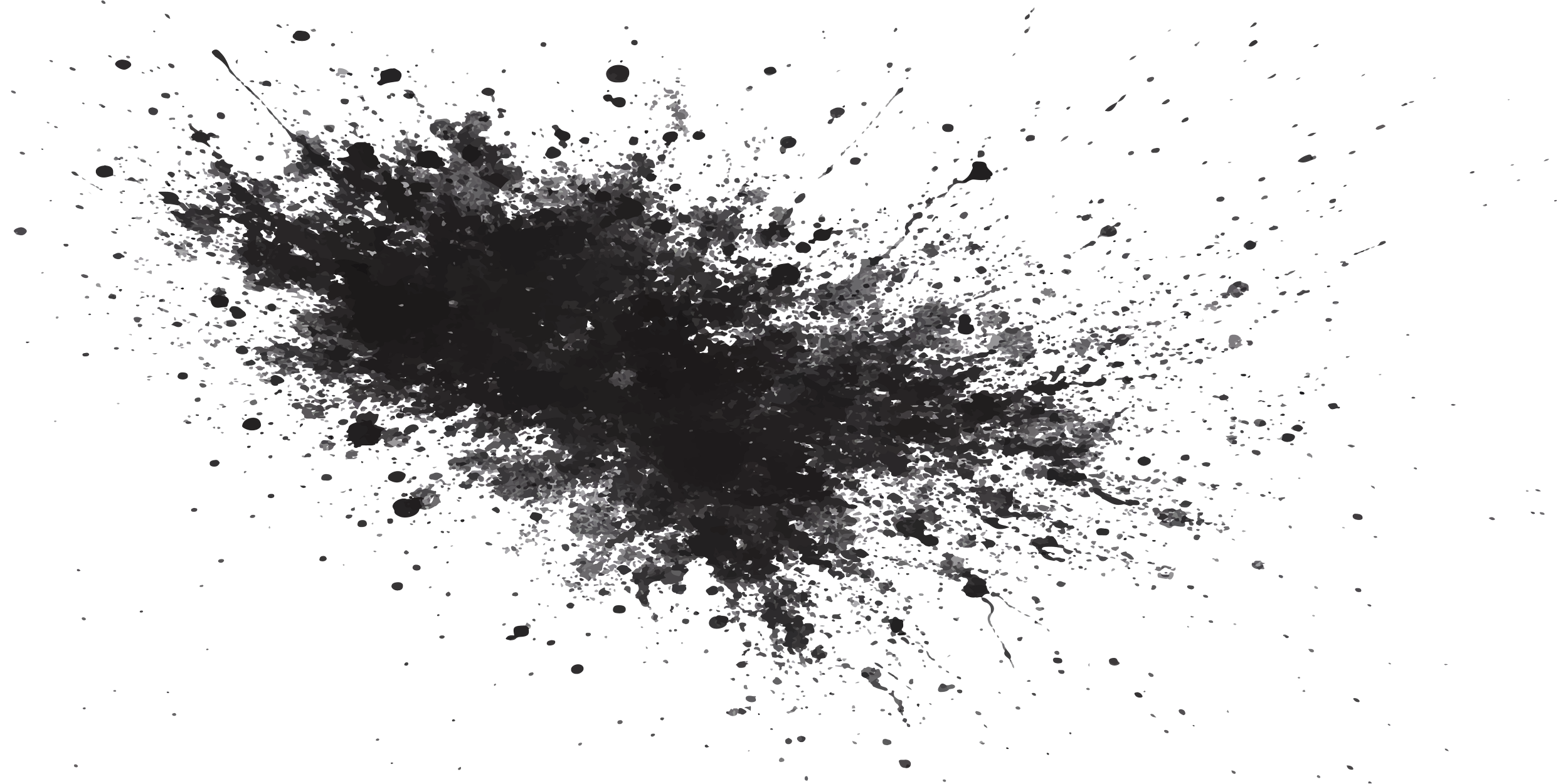 Black and gray ink splatter pattern on a transparent background.