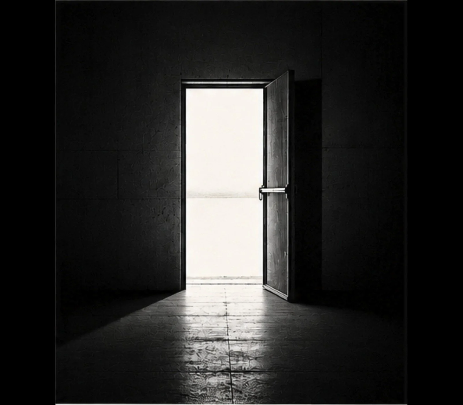 An open door with bright light shining through, contrasting a dark interior wall and shadowed floor.