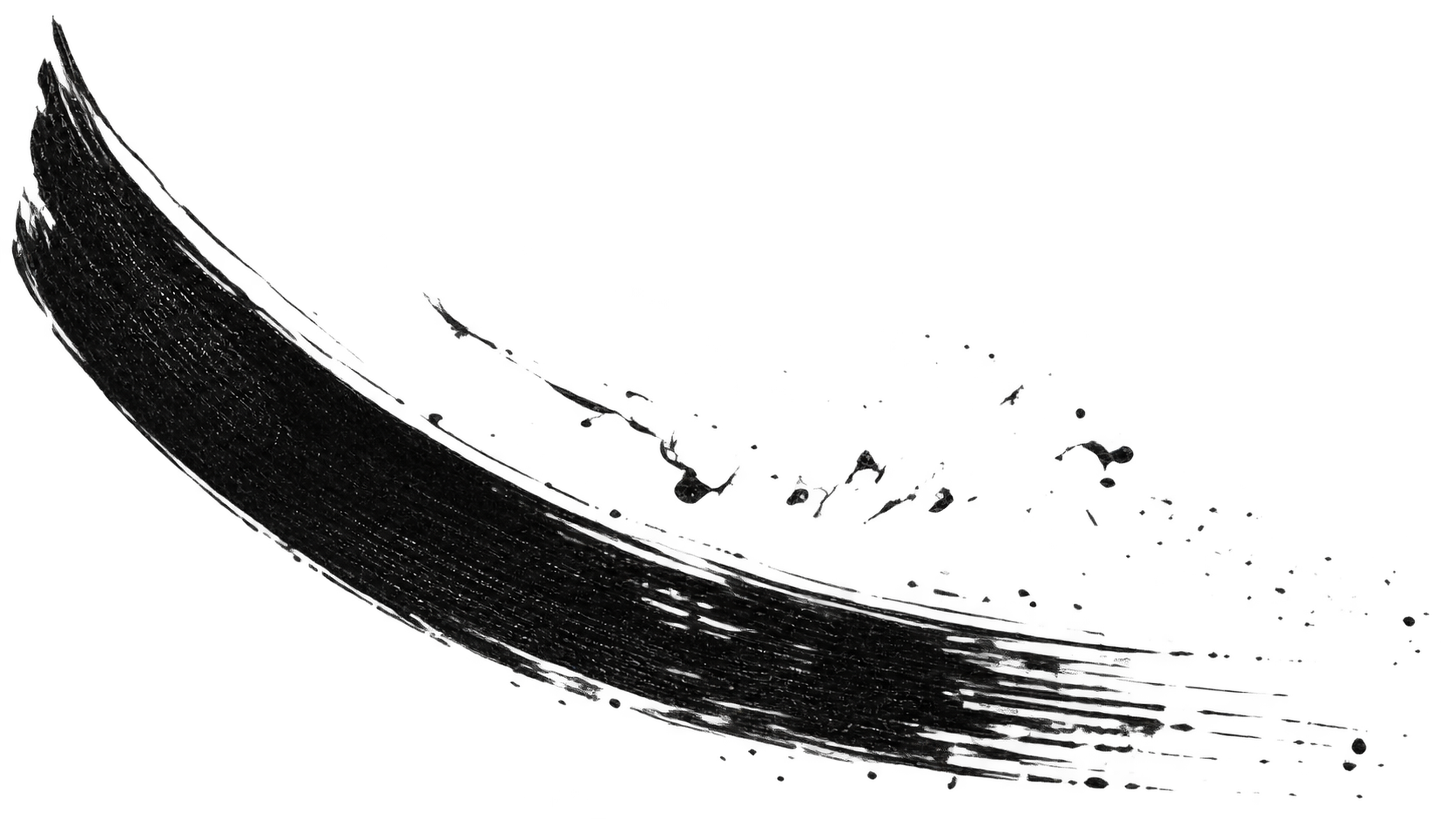A black paintbrush stroke on a transparent background, with visible bristle texture and splatters.
