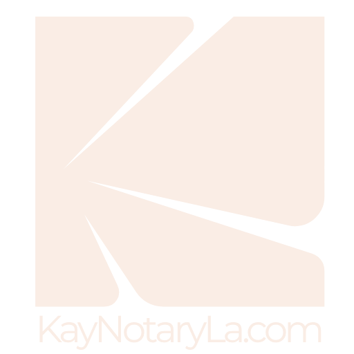 Black and white logo with stylized letter 'K' and 'KayNotaryLa.com' text at the bottom.